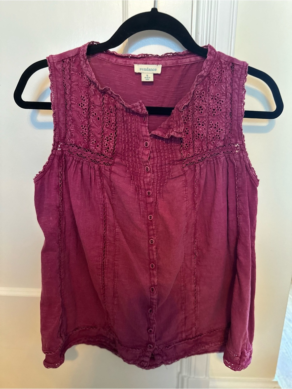 Sundance Raspberry Lace-Yoke Button Front Tank